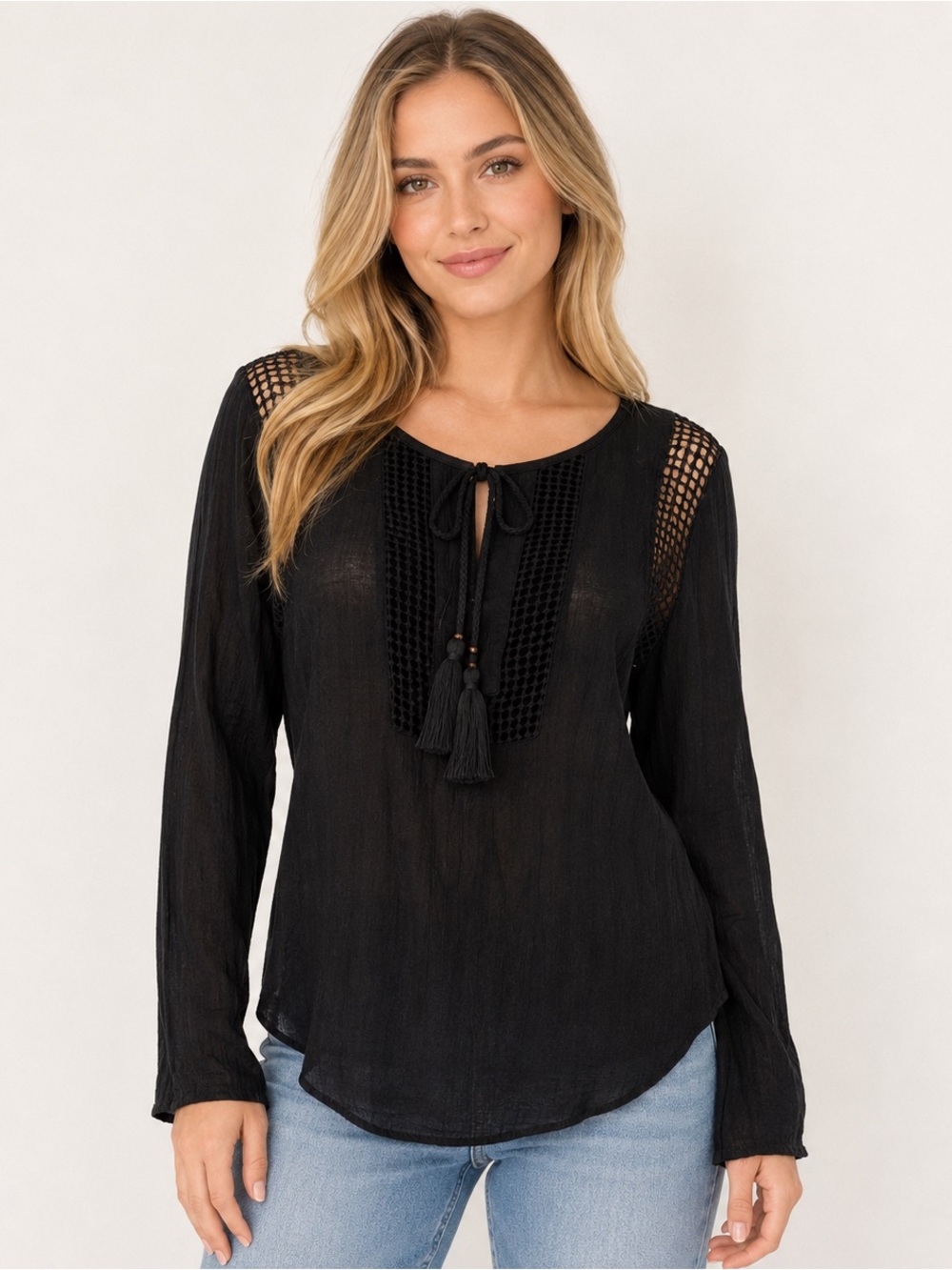 Joseph A Black Long-Sleeve Tassel Peasant Top with Pink Shoulder Detail
